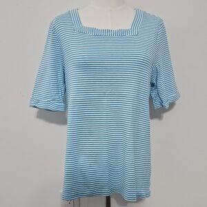 Croft & Barrow Size L Light Blue & White Striped Cotton Short-sleeved Women's Bl